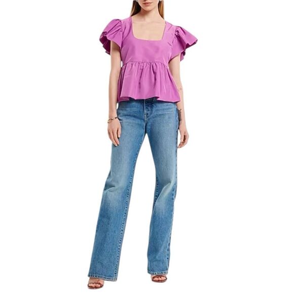 Express Square Neck Flutter Sleeve Peplum Babydoll Top Size M - Picture 1 of 12